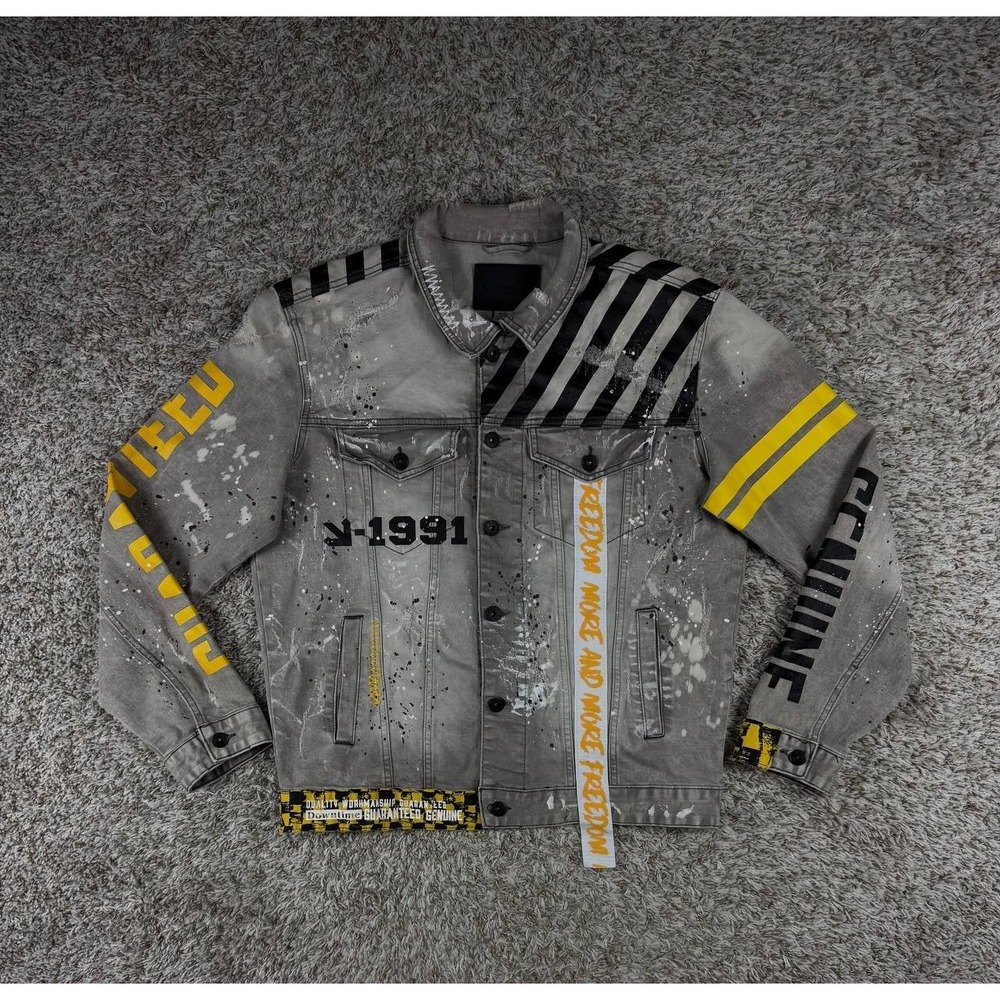 Smoke Rise Caveat Denim Jacket Men's L Grey Graphic Distressed Streetwear